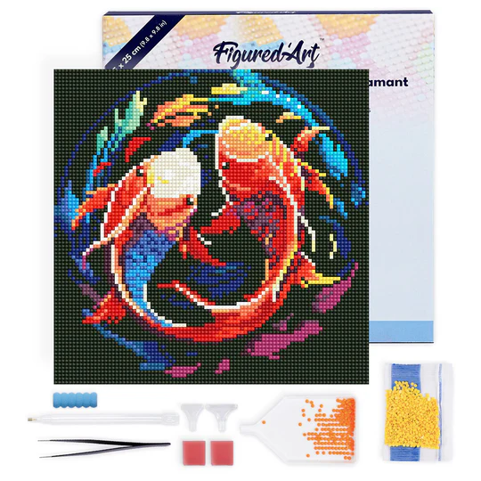 Pintar con Diamantes -Carpas Koi Coloridas- Bastidor 25 x 25 cm. Figured´Art