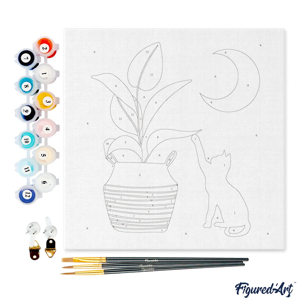 Pintar Por Números -Gatito y Planta con Luna- Bastidor 20 x 20 cm. Figured´Art