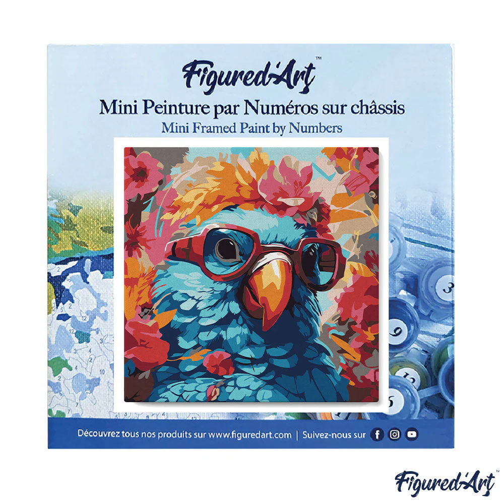 Pintar Por Números -Loro Fantasía con Flores- Bastidor 20 x 20 cm. Figured´Art
