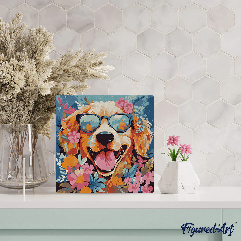 Pintar Por Números -Perro Fantasía con Flores- Bastidor 20 x 20 cm. Figured´Art