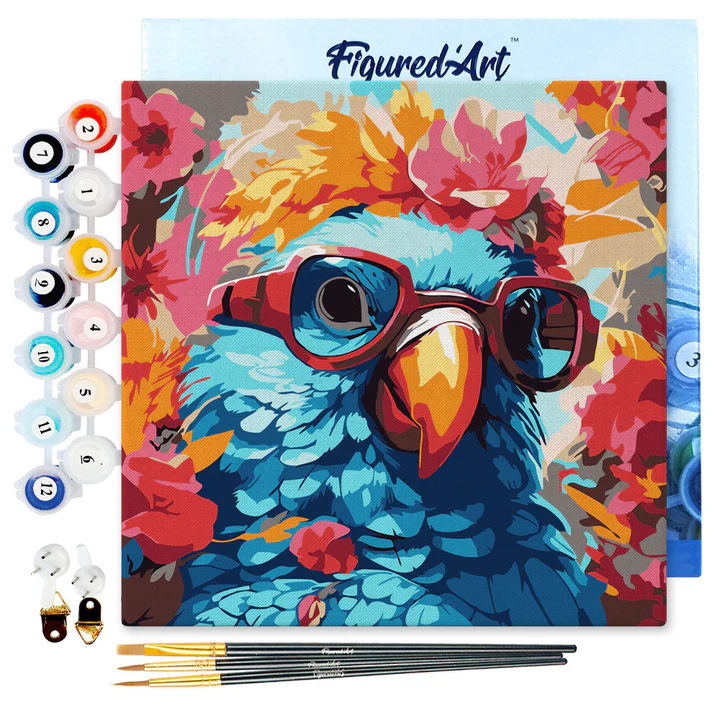 Pintar Por Números -Loro Fantasía con Flores- Bastidor 20 x 20 cm. Figured´Art