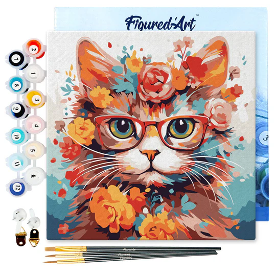 Pintar Por Números -Gato Fantasía y Flores- Bastidor 20 x 20 cm. Figured´Art
