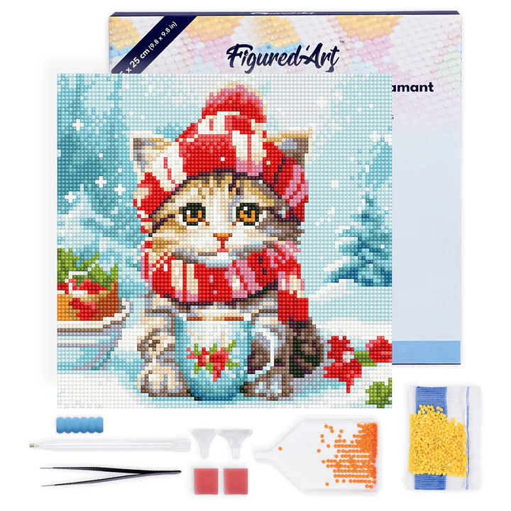 Pintar con Diamantes -Gato con Bujanda Roja- Bastidor 25 x 25 cm. Figured´Art
