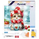 Pintar con Diamantes -Gato con Bujanda Roja- Bastidor 25 x 25 cm. Figured´Art