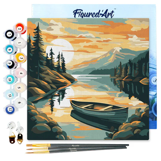 Pintar Por Números -Lago de Montaña y Canoa- Bastidor 20 x 20 cm. Figured´Art
