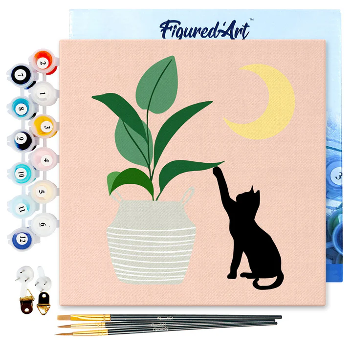 Pintar Por Números -Gatito y Planta con Luna- Bastidor 20 x 20 cm. Figured´Art