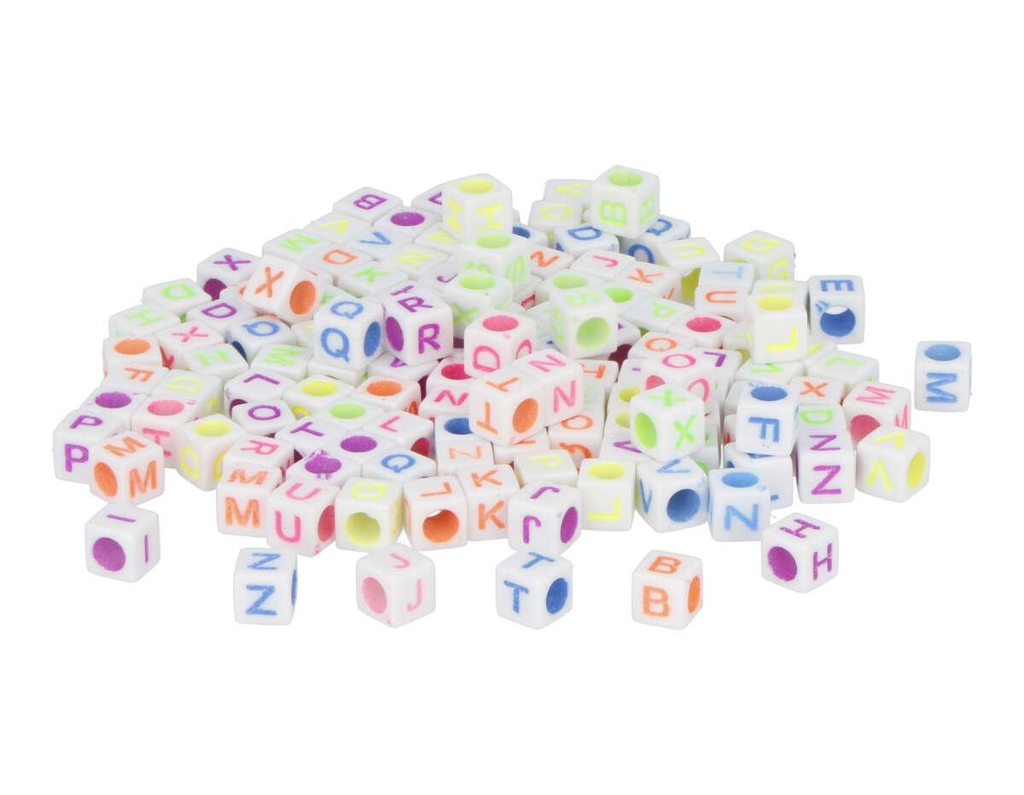 Cuentas Plástico 6 mm. Cubos Blancos Colores Surtidos -Letras- (1000 pzs. Aprox.)