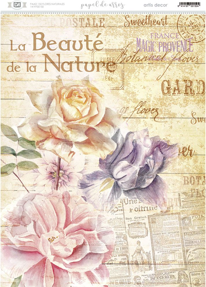 Papel de Arroz Decorado A3 29,7 x 42 cm. cm. -Flores Nature- Artis Decor