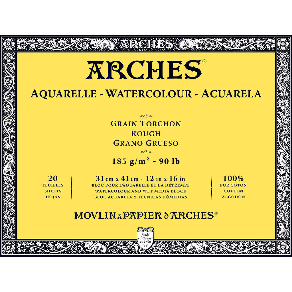 Bloc Acuarela 20 Hojas 31 x 41 cm. 185 gr. Grano Grueso Engomado 4 Lados Arches