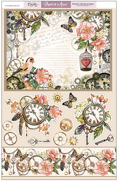 Papel Arroz 30 x 40 cm. -Motivo Floral, Pajarito, Reloj y Plumas- Dayka  
