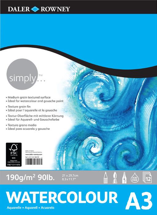 Bloc Acuarela 12 Hojas A3 29,7 x 42 cm. 190 gr. Encolado Simply Daler-Rowney