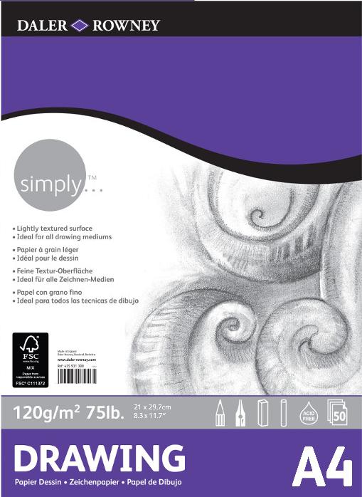 Bloc Dibujo 50 Hojas A4 21 x 29,7 cm. 120 gr. Encolado Simply Daler-Rowney