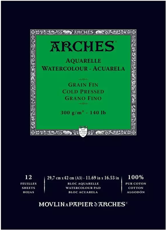 Bloc Acuarela 12 Hojas 29,7 x 42 cm. Grano Fino 300 gr. Encolado 1 Lado Arches