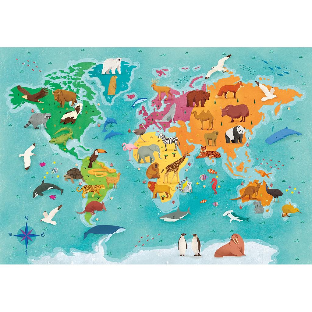 Puzzle 250 piezas -Mapamundi: Animales- Clementoni