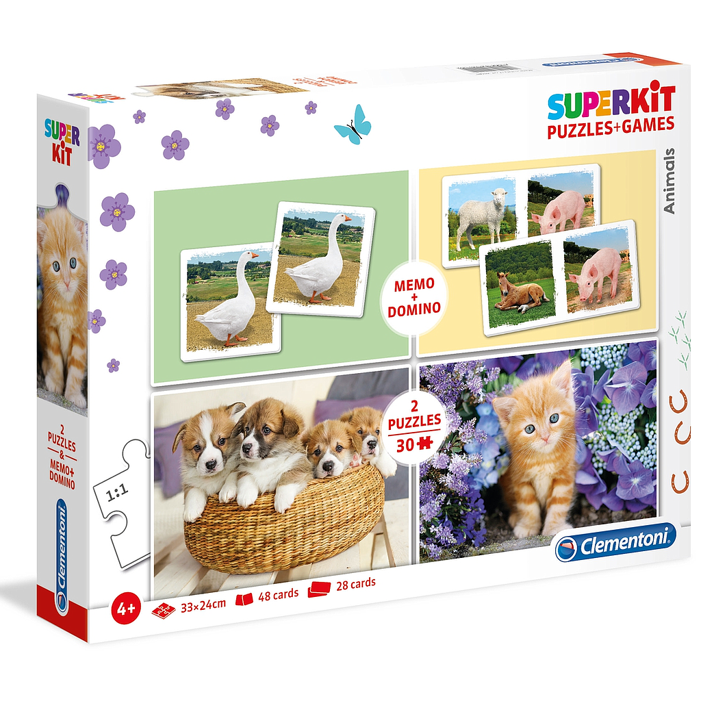 Set Puzzles 2 x 30 piezas + Memo + Dominó 60 piezas -Animales- Clementoni