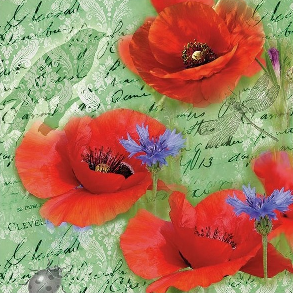 Servilleta 33 x 33 cm. -Painted Poppies Green-