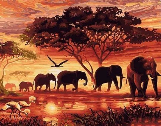 Pintar Por Números -Elefantes al Atardecer- Bastidor 40 x 50 cm. Figured´Art