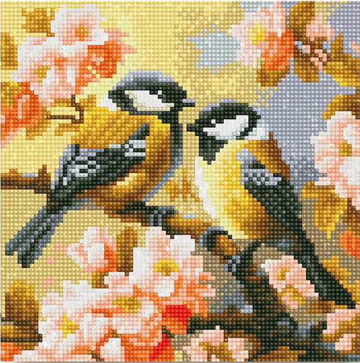 [DP-SFA183-Y] Pintar con Diamantes -Pareja de Pájaros entre Flores- Bastidor 25 x 25 cm. Figured´Art