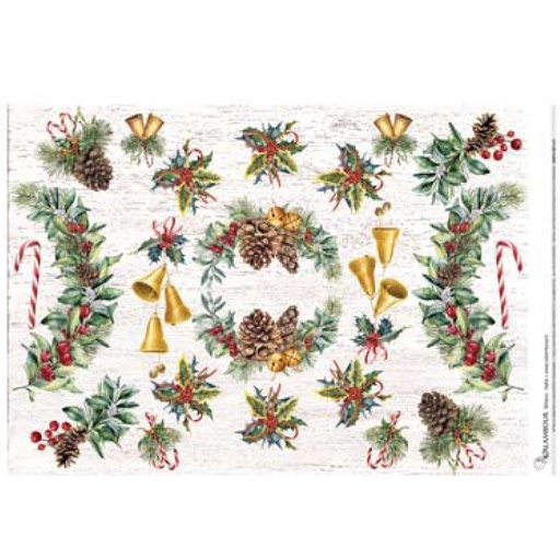 [23909459] Papel Arroz Decorado 35 x 50 cm. -Navidad: Piñas, Acebo, Campanas- Calambour
