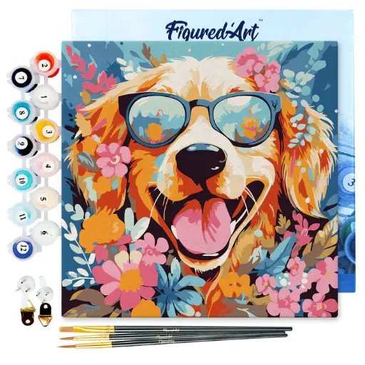 [SFA242-Y] Pintar Por Números -Perro Fantasía con Flores- Bastidor 20 x 20 cm. Figured´Art