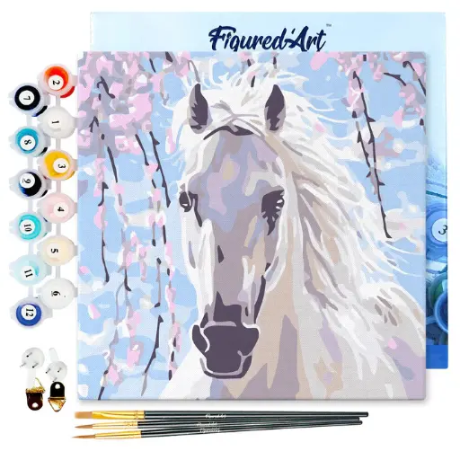 [SFA066-Y] Pintar Por Números -Caballo y Flores Blancas- Bastidor 20 x 20 cm. Figured´Art