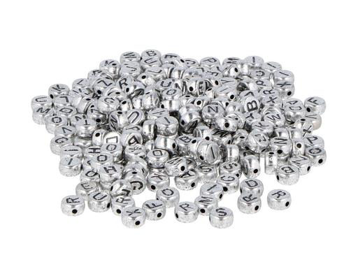 [99655] Cuentas Plástico 7 mm. Redondas Plateadas -Letras- (1200 pzs.)