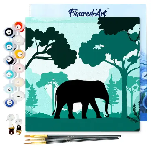 [SFA008-Y] Pintar Por Números -Elefante en el Bosque Verde- Bastidor 20 x 20 cm. Figured´Art