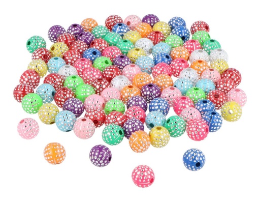 [E7413] Cuentas Plástico redondas Multicolor Opaco Lunares Plateados 8 mm. (750 pzs.)