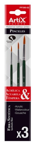[PP390-02] Set 3 Pinceles Surtidos Acrílico / Acuarela / Témpera PP390-02 Artix