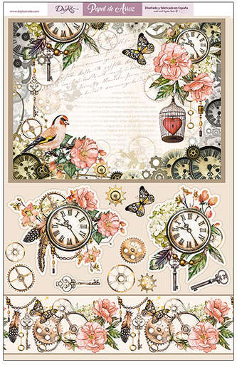 [ARR-07] Papel Arroz 30 x 40 cm. -Motivo Floral, Pajarito, Reloj y Plumas- Dayka  