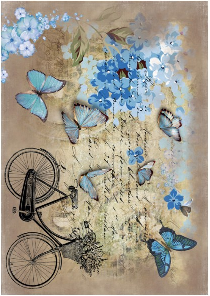 [PA638] Papel Arroz Decorado 30x40 cm. -Mariposas Azules y Bici- Cadence