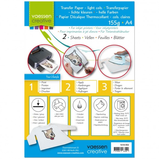 [1618-002] Papel Impresora Transferible -Telas Claras- A4 (2 Hojas) Vaessen