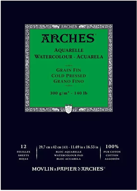 [1795094] Bloc Acuarela 12 Hojas 29,7 x 42 cm. Grano Fino 300 gr. Encolado 1 Lado Arches